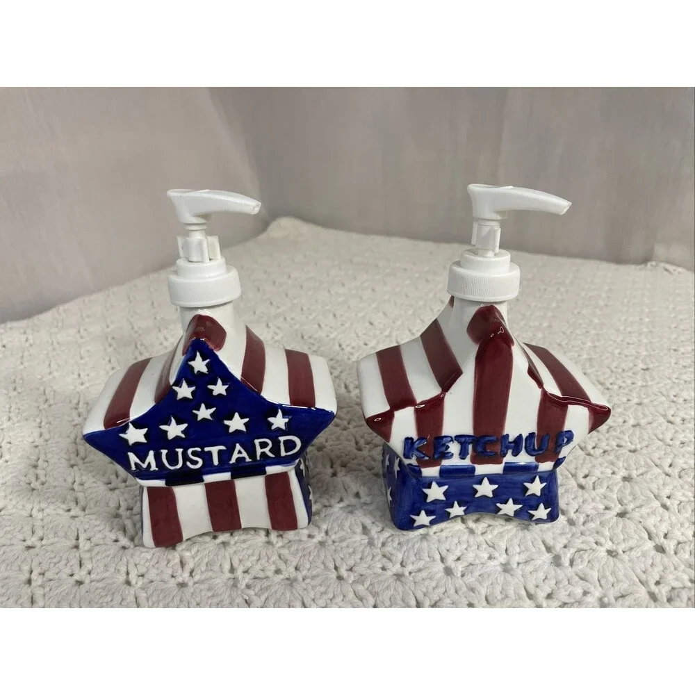 American Flag Mustard & Ketchup Catsup Pump Dispenser Set New Open Box